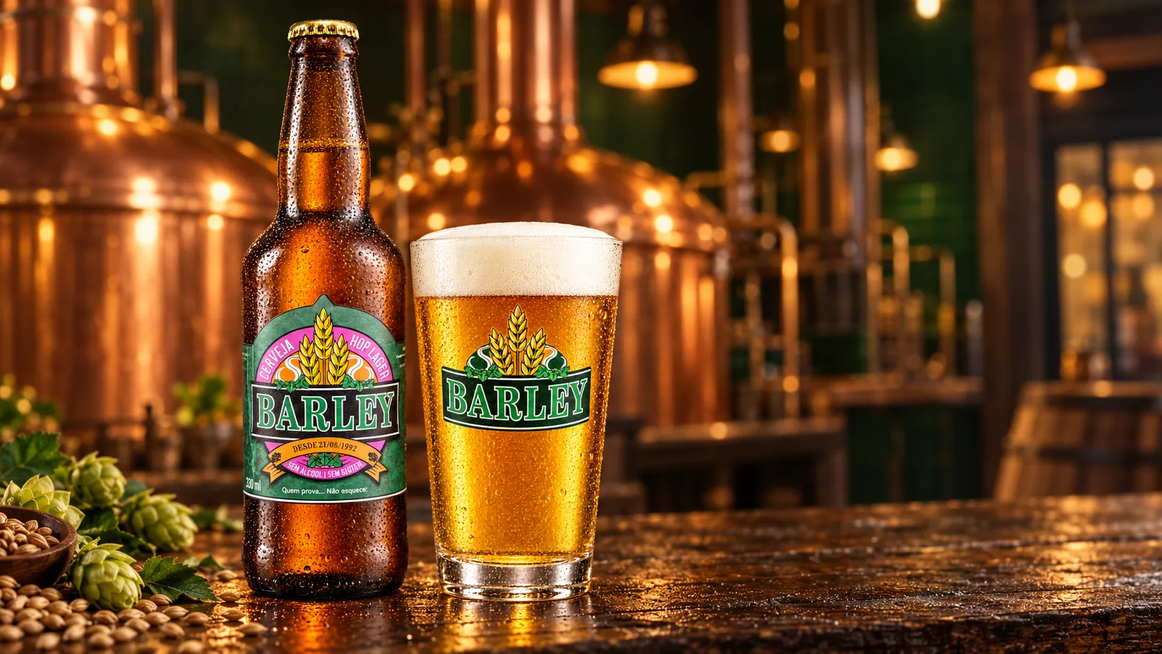 Garrafa e copo de cerveja Barley Hop Lager em ambiente de cervejaria
